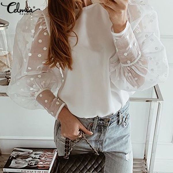 

women and blouses 2019 celmia sheer long sleeve polka dot elegant office shirts lace stitching summer blusas plus size, White