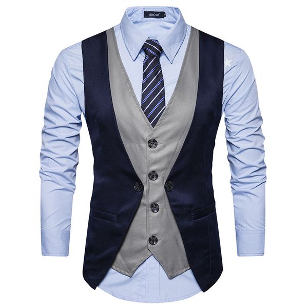 

high grade men vest 2018 brand fashion fake two piece patch waistcoat casual slim business social suit vest groom plus size red, Black;white