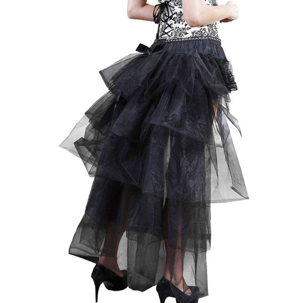 

women tiered mesh tutu skirt club dance party ruffle ladis long petticoat with big satin bow female ball gown hi-lo skirts, Black