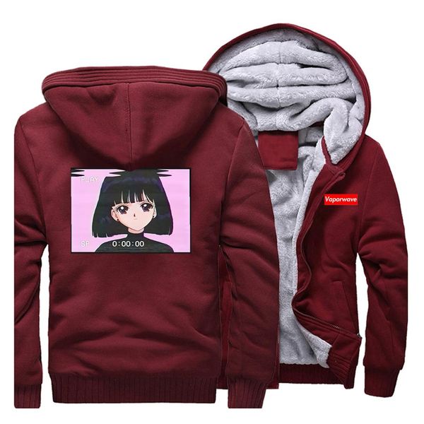 

japanese anime vaporwave jacket men harajuku thick streetwear zipper sweatshirt 2019 winter hoodies fashion sad girl retro coat, Black