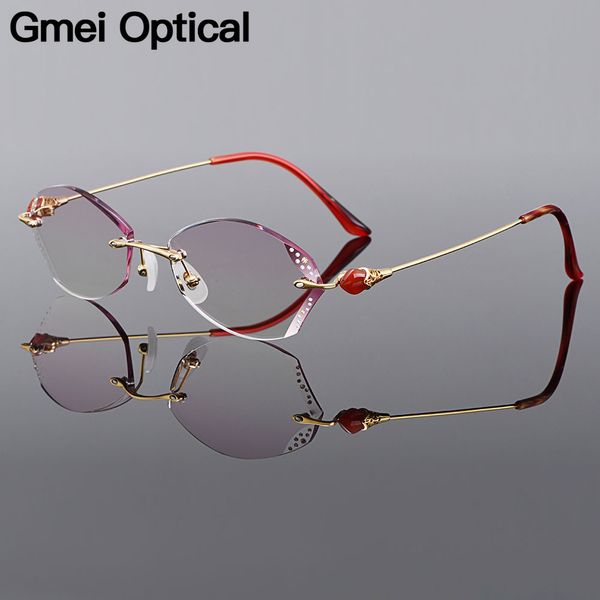 

gmei optical stylish golden pure titanium women diamond trimming rimless glasses frame with gradient tinted plano lenses q26008, Black