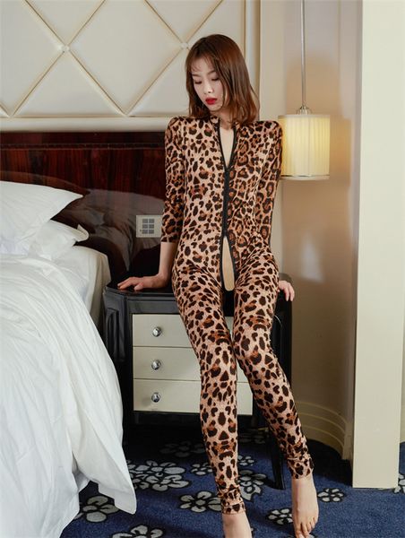 

women leopard print 1pcs set open fork exposed breast underwear females see though skinny slim suits, Black;white