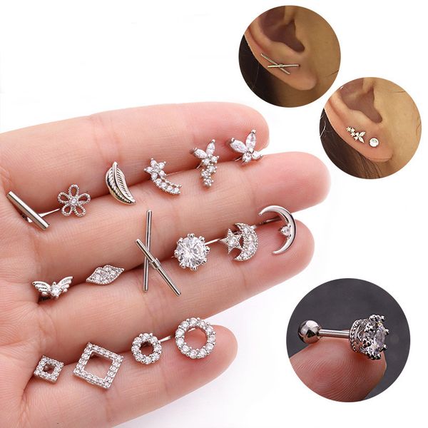 

silver color cz crystal stud piercing moon star geometric cartilage earring conch tragus stud helix cartilage piercing jewelry, Slivery;golden