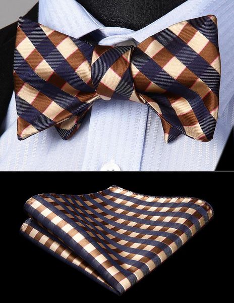 

self bow tie classic men woven gifts for men brown check plaid party pocket square set wedding bow tie handkerchief set bc729zs, Blue;purple