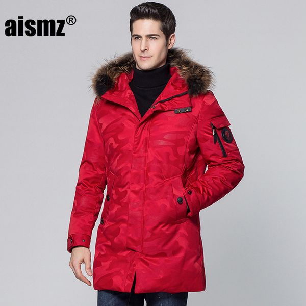 

aismz winter jacket men waterproof fur hooded coats thicken casaco masculino business casual long warm duck down camo jackets, Black