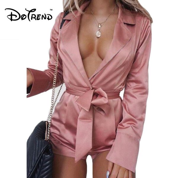 

plus size 2xl fashion playsuits rompers solid satin slim outfits deep v long sleeve bandage belted femme jumpsuits shorts, Black;white
