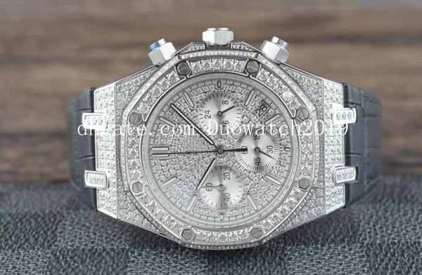 

men's sport quartz chronograph movement offshore full silver diamond dial black leather bracelet vk quartz workin watches, Slivery;brown