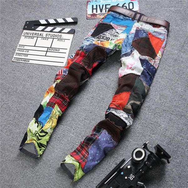 

mens fashion designer denim homme clothing srtaight regular street style button fly casual apparel colorful patchwork print, Blue