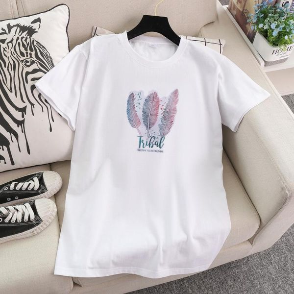 

2020 fashion 100% cotton t shirt tshirt women three feathers print t-shirt woman summer white 90s vintage tee shirt femme