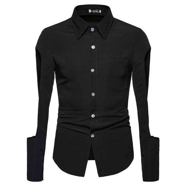 

2019 new foreign trade casual fashion personality tailoring cuffed sleeve lapel row button men's long-sleeve shirt, White;black