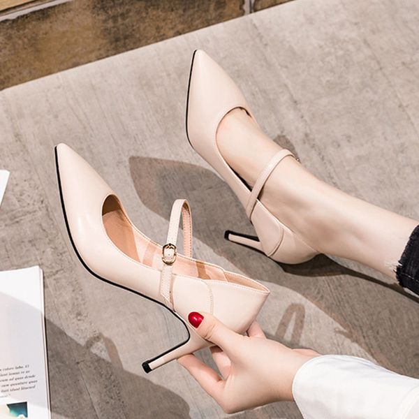 

women office shoes woman 2020 pink high heels stilettos muje pointed toe ankle strap pumps female shoes, Black