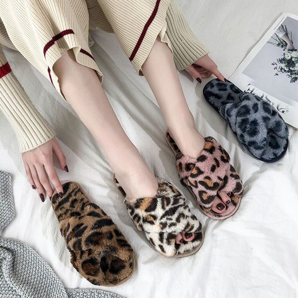 

women warm slippers leopard plush soft indoorsÂ anti-slip floor bedroom shoes soft fashion leisure comfortable daily wild, Black