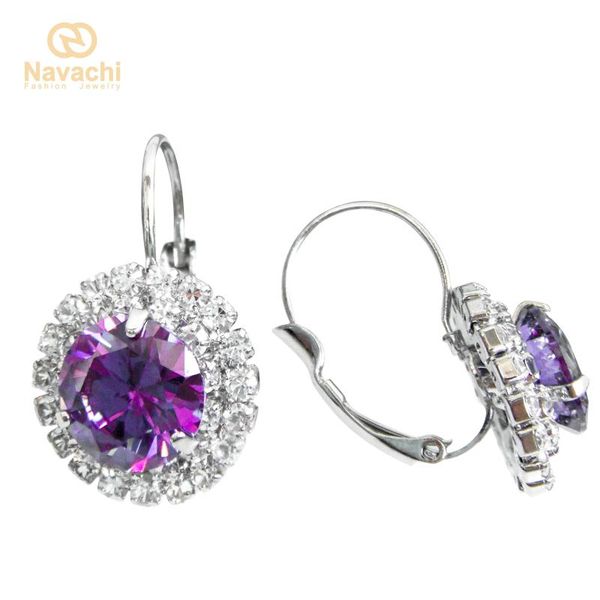 

navachi circle purple clear crystal cubic zircon white gp leverback ear hoop earrings smta1269, Golden;silver