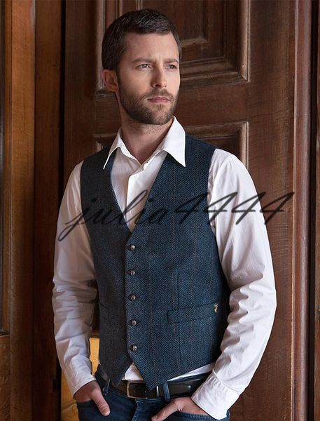 2019 Gilet da sposo rustico per matrimonio in fattoria di campagna Gilet di tweed di lana a spina di pesce Groomsmen Abbigliamento Abito da uomo slim fit Prom Vita251C