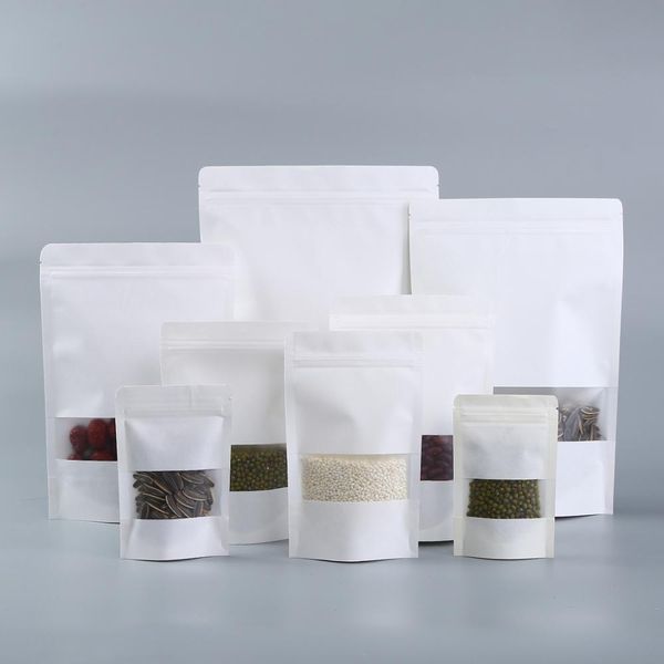 

1000pcs/lot white stand up zip lock pouches with scrub window clear display, resealable kraft paper bag grip self seal packaging