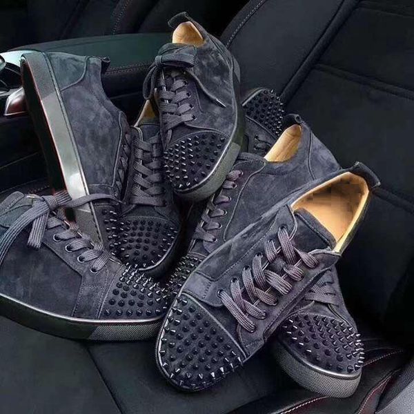 

new red bottom spikes flat veau velours designer sneakers men trainers 100% genuine leather low cut men women party shoes wedding shoes, Black