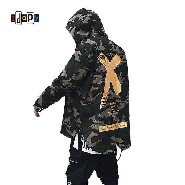 

idopy men's hi-street hip hop camouflage jacket loose fit camo hoody jackets windbreakers streetwear jacket and coats for men, Black;brown