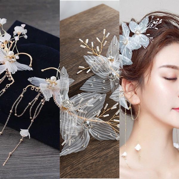 

erkzb bride's fairy beauty flower yarn side clip accessories wedding head earrings floral headdress pair clip wedding p children's, Slivery;white