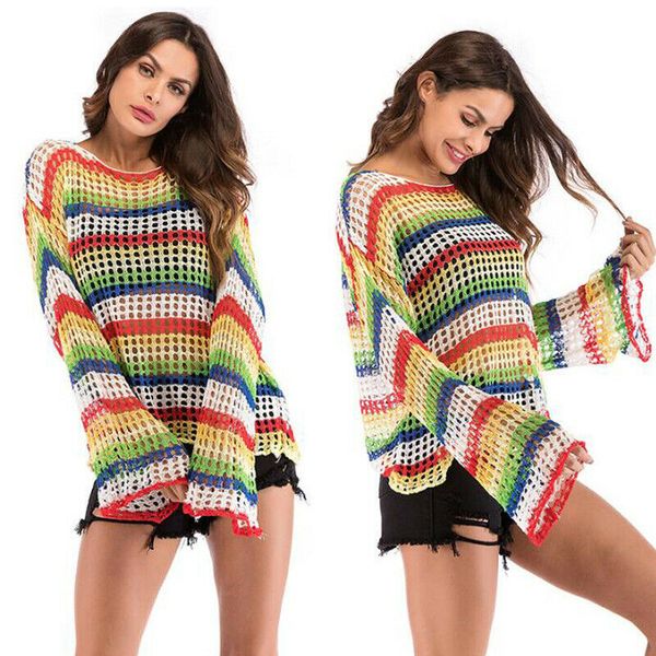 

радуга сеточка hollow t-shirt женщины сыпучего длинный рукав sheer ажурных купальники lady cover up see through tops t shirt crop, White