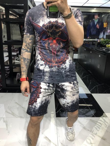 

men's summer 2019 new t-shirt baroque printed hollow shorts elastic fitness suit tide short sleeve long pants black size -3xl, Gray