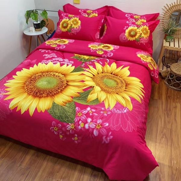 100 algodão 4 pcs linda flor rosa flor rosa girassol conjunto de cama amarelo rainha capa de duveta de ganso plana e fronhas