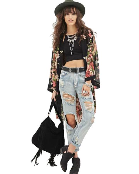 

fashion women flower floral print chiffon kimono cardigan jacket outwear blouse 2019 summer w510, Black;brown