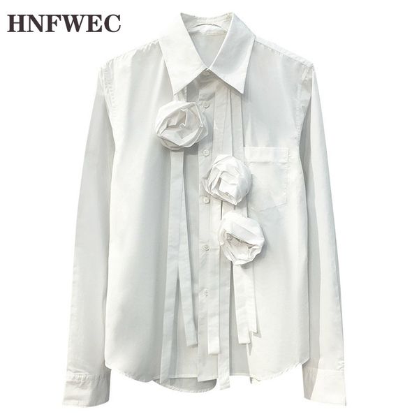 

fashion spring autumn 2020 women white three-dimensional flower stitch blouse new lapel long sleeve loose fit shirt t018