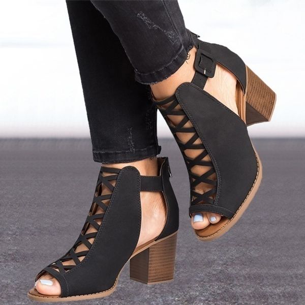 

women's fashion 2020 new arrival summer fashion solid color hollow out open toe width high heel sandals casual dress shoes c13, Black