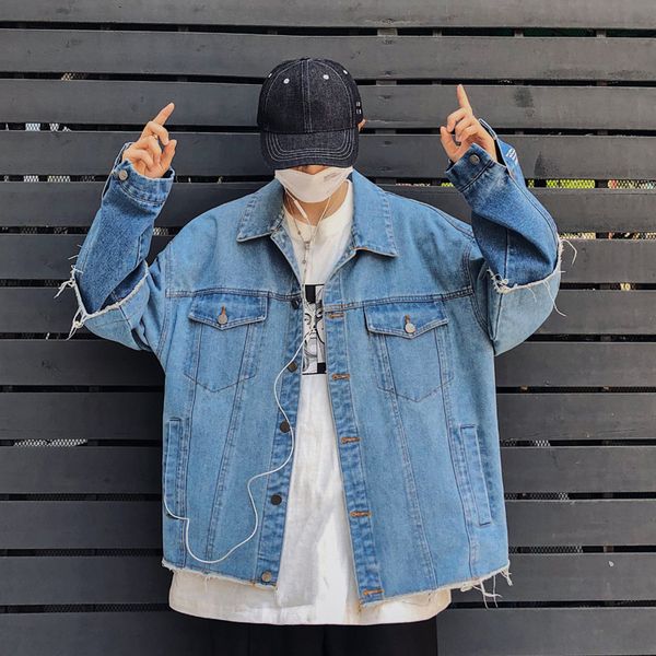 

autumn new denim jacket men fashion retro wash casual contrast color stitching denim jacket street hip hop loose bomber, Black;brown