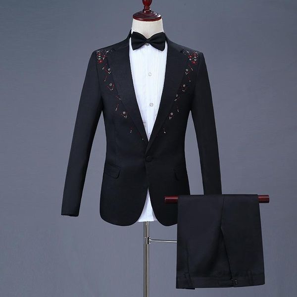 

men's suit men's black stick diamond single button suit two-piece (jacket + pants) quality wedding groom groomsmen dress, White;black