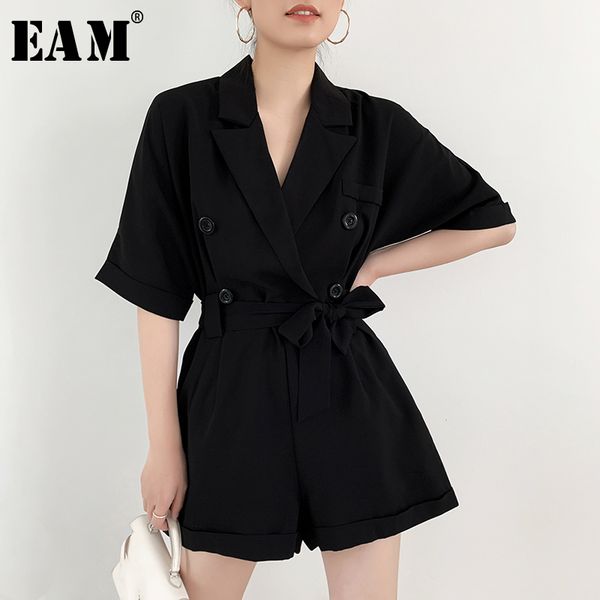 

eam] loose fit women black double breasted bandage playsuits new high waist pocket pants fashion spring summer 2020 1x563, Black;white