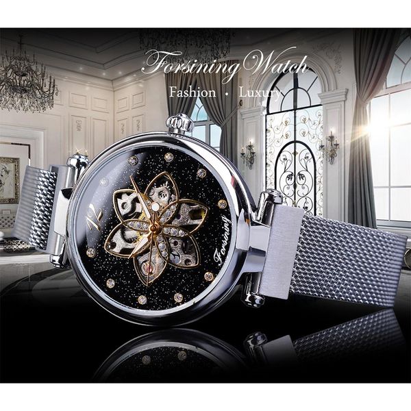 

forsining brand luxury diamond women watches mechanical automatic female watches waterproof 2019 fashion mesh design clock316p, Slivery;brown