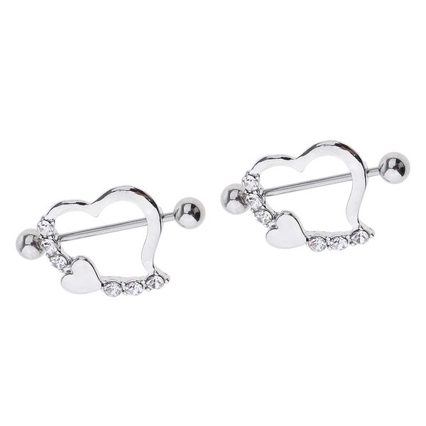 

1 pair stainless steel barbell shield 16 gauge ring leaning heart two hearts crystal paved nipplerings body jewelry, Slivery;golden