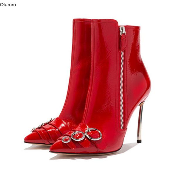 

rontic new women winter ankle boots metal thin high heels boots pointed toe gorgeous red party shoes women us size 4-13, Black