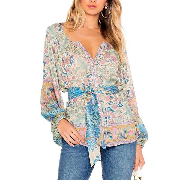 

boho inspired button-up blouse floral peacock print long puff sleeve o-neck casual spring summer 2019 blouse shirt women, White