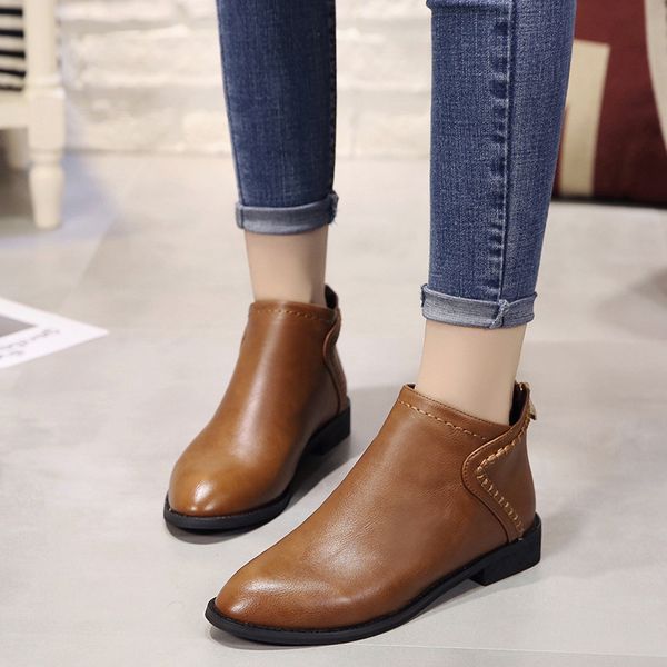 

autumn winter new solid color female leather boots low heel boots back zipper short women shoes, Black