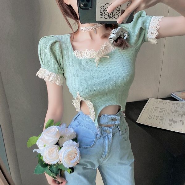 

women's blouses & shirts lace up fashion brand knitted crop korean clothes ladies summer style woman green blusas mujer de mod, White