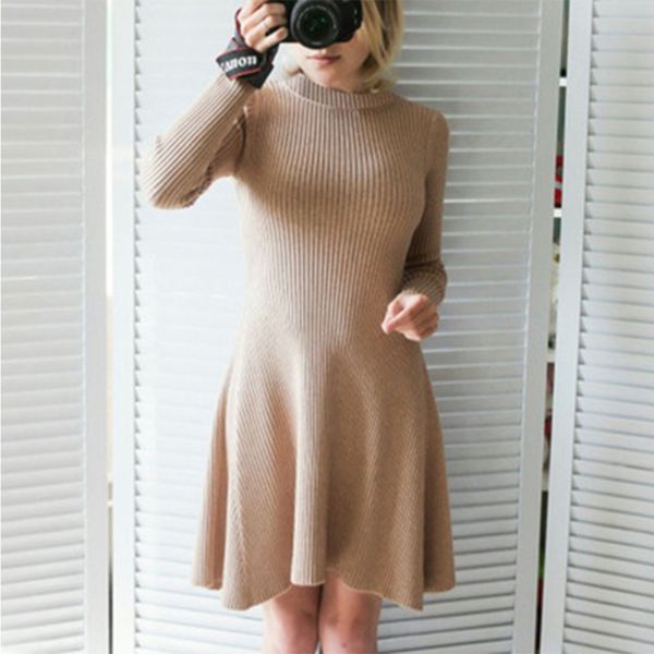 

winter long sleeve o-neck women dress female warm thick knitting cotton a line bodycon dress girls slim bodycon sweater dresses, Black;gray