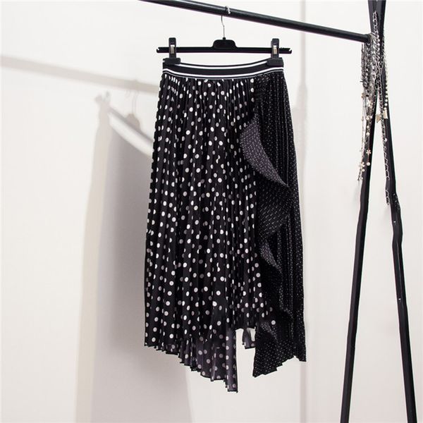 

ewq] новая осень повседневная точка асимметричный подол оборками империи талии сплайсированные середины икры юбка мода прилив женщины ob522, Black