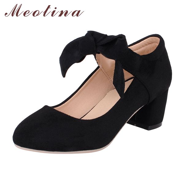 

meotina shoes women mary jane bow causal thick mid heels round toe purple shoes ladies shoes red pink black large size 41 42 43