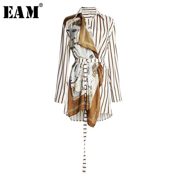 

eam] 2019 new spring summer lapel long sleeve striped pattern printed irregular stitch loose shirt women blouse fashion js565, White