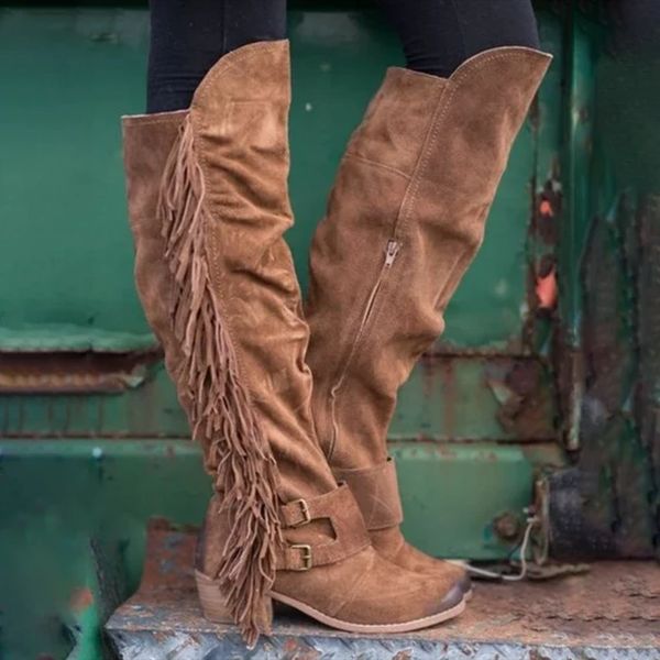 

loozykit women shoes fashion tassel knee high boots solid flock leather slip-on fringe autumn winter long warm boots, Black
