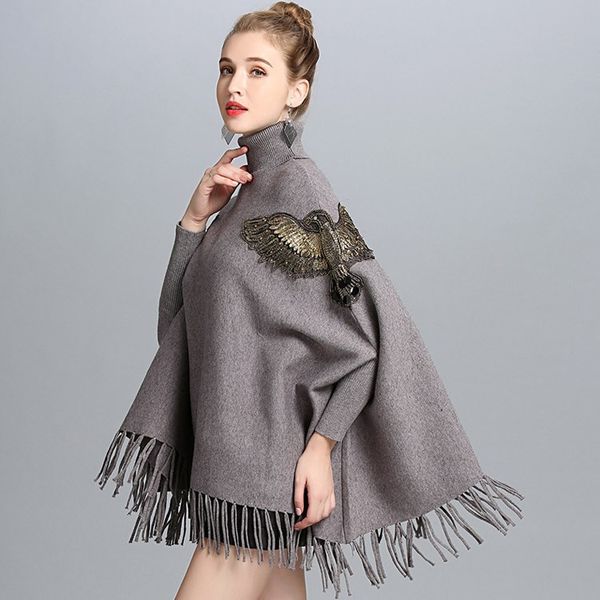 

new women's bat sleeve turtleneck sweater knitwear embroidered tassel long cloak cape, Black