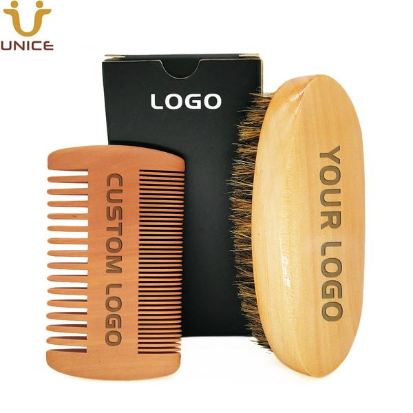 MOQ 100 conjuntos personalizado logotipo Beard Beard Brush e dupla ação pêssego pano de madeira grooming kits com logotipos impressos Caixa de presente preta