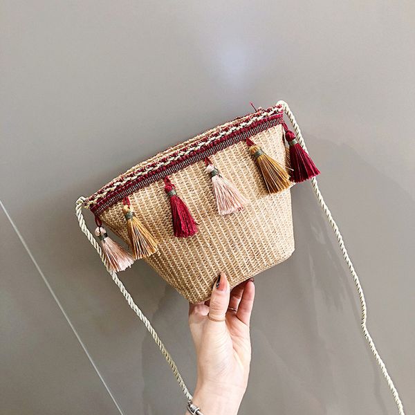 

2019 women vintage beach straw bag ethnic style ribbon tassel beach bag summer hollow handmade messenger crossbody bags #1206