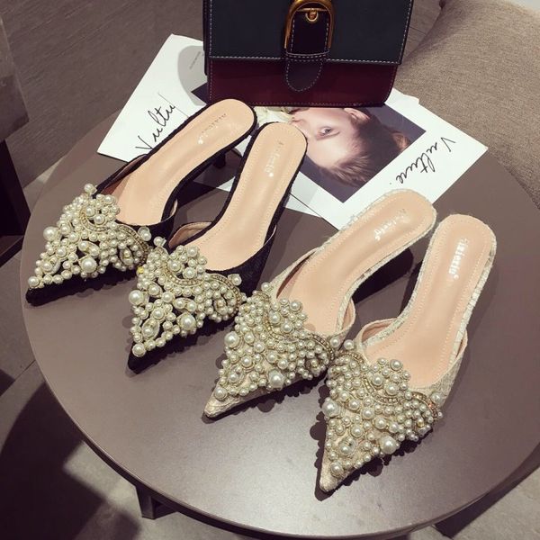 

shoes woman 2020 cover toe woman's slippers thin heels heeled mules low med glitter slides lace string bead new high pointed