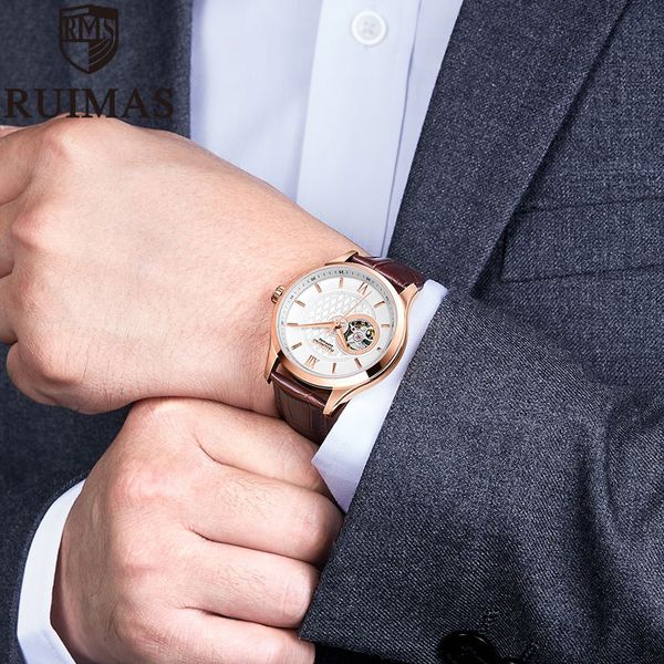 

2020 ruimas watches men luxury brand new fashion genuine leather belt transparent automatic mechanical wristwatch male clock, Slivery;brown
