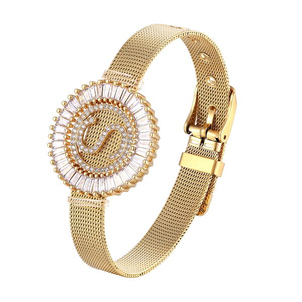 

fashion stainless steel watch style bracelet cubic zirconia cz letter bracelet initial charm watch bracelets, Golden;silver