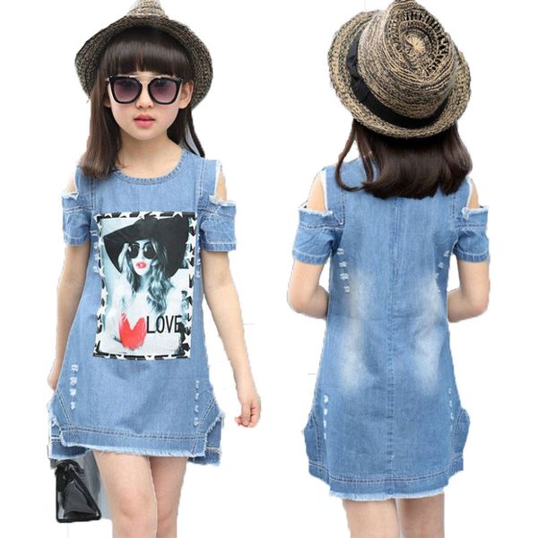

children dresses for girls denim dress summer strapless dress pattern girls clothing short sleeve child clothes denim t-shirts, Red;yellow