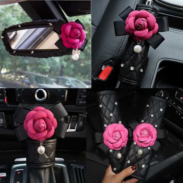 

crystal rose flower car handbrake cover gears shift case seatbelt cover auto leather interior accessories red camellia flower